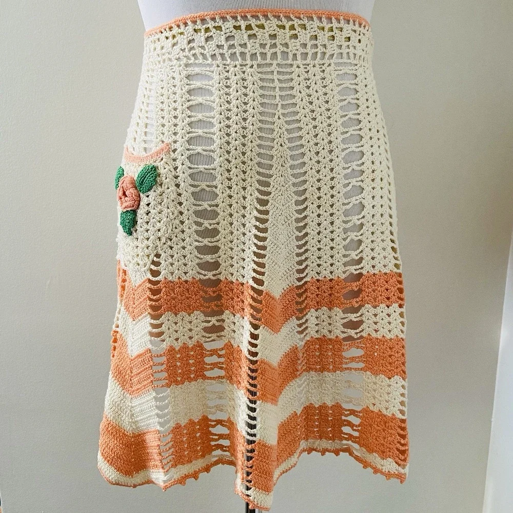 Vintage Orange Cream Floral Crochet Handmade Waist Half Apron Stripes Cafe Diner